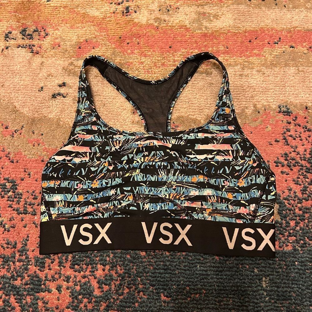 VSX Women's Black and Blue Patterned Sports Bra